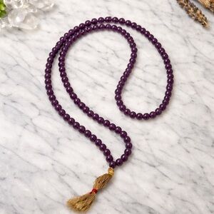 Purple Amethyst Beaded Tassel Necklace | Long Meditation Mala Style